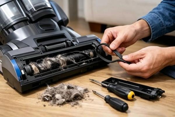 Checking a vacuum cleaner hose filter and brush roll for blockages